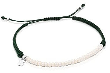 TOUS Pulsera Nylon Verde de Perlas Cultivadas para Mujer con Motivo de Oso en Plata de Primera Ley, 0,2cm, Combinable y Versátil, Colección Color AG