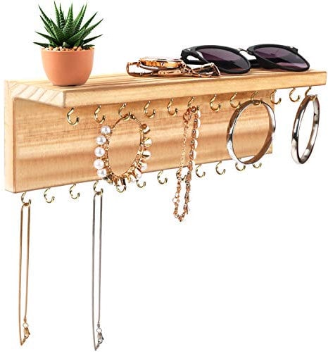 BELLE VOUS Schmuckhalter Wand - Naturholz Schmuckaufbewahrung Schmuckleiste Organizer Regal mit 24 Haken - Schmuckhalter L30,3 x B7,3cm - Rustikale Halsketten Aufbewahrung, Armbänder, Ohrringe &Ringe