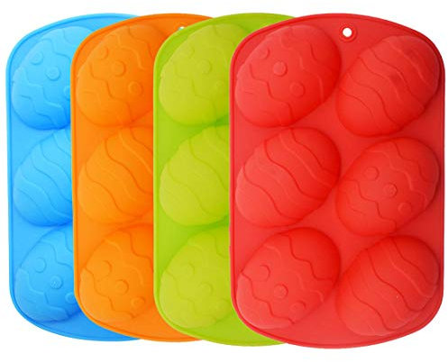 Molde de Silicona de Pascua- 4 Piezas de Molde de Silicona con 6 Cavidades Molde de Huevo de Pascua, Para, Tartas, Vela, Bagels, Magdalenas, Jabón, Chocolate y Gelatina, etc(Cuatro Colores)