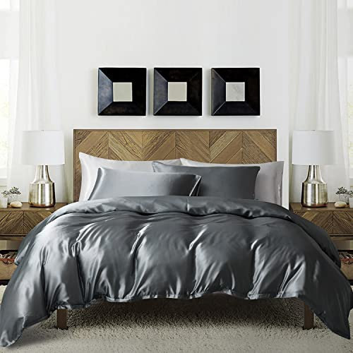 Luofanfei Satin Bettwäsche 135x200cm 4teilig Grau Anthrazit Dunkelgrau Glänzend Seide Glatt Bettbezug Set Luxus Einfarbig Bettwäsche Set Glanzsatin Polyester Einzelbett mit Reissverschluss