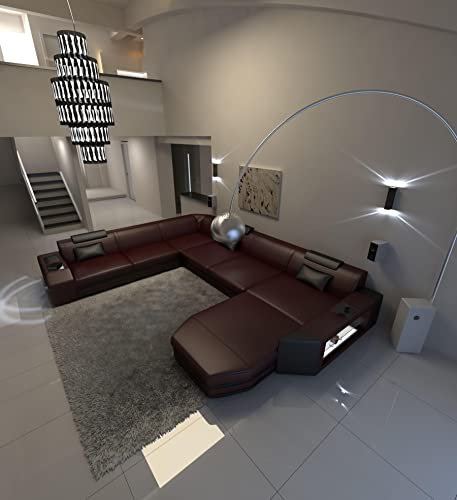 XXL Sofa Wohnlandschaft Prato Ledersofa U Form - mit LED Beleuchtung, verstellbare Kopfstützen, Recamiere/Lederfarben wählbar/Ausrichtung wählbar (Ottomane rechts, Weinrot-Schwarz)