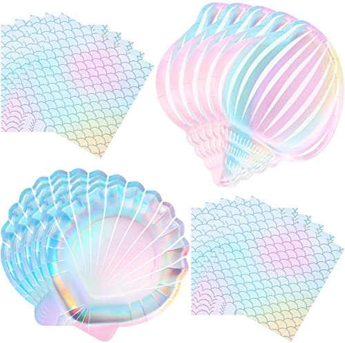 Gersoniel 40 Pcs Iridescent Mermaid Party Supplies Set, 20 Clam Shell Plates and 20 Mermaid Scales Napkins Party Decorations Disposable Paper Plates and Napkins Seashell for Birthday (Shell, Conch)