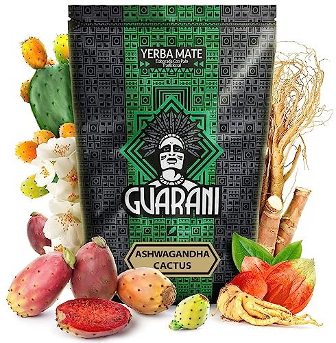 Guarani Ashwagandha Cactus 0,5 kg | Kräuter-Mate-Tee 500 g | Ashwagandha,Ginseng, Kaktusfeigenblüten | Kraft des natürlichen Koffeins | Tee Mate Tee aus Paraguay