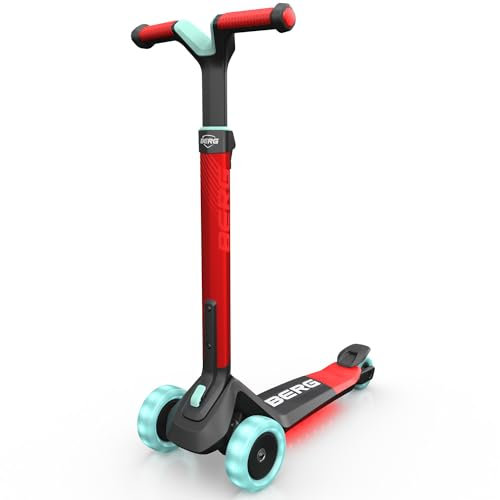 BERG Nexo Kinderroller Kinderscooter faltbar ab 2 Jahre | Höhenverstellbarer Tretroller Scooter mit LED Deck | Dreirad Roller für Kinder Jungen & Mädchen, bis 12 Jahre | Farbe: Rot