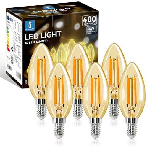 Aigostar E14 LED Light Bulb, LED Candle Bulbs Small Screw, 4W 400lm SES E14 Candle Bulb, 35W Equivalent SES Bulb Vintage, Warm White 2200K C35 330°Beam Angle, Amber Filamen Pack of 6