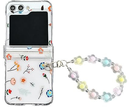 CrazyLemon für Samsung Galaxy Z Flip 5 Hülle mit Kett, mit Scharnierschutz Handykette Klar Handyhülle Harte PC Schutzhülle für Galaxy Z Flip 5 5G 2023 Frauen Mädchen - Rosa Blau Blumen