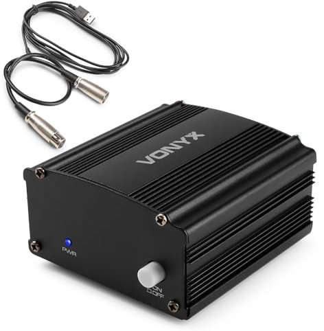 Vonyx VDX10 Phantomspeisung +48 Volt Universal Phantom Power Supply, Phantom Leistungsversorgung mit Adapter für Studio, Kondensator Mikrofone