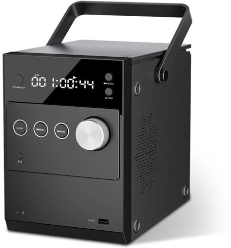 Portable CD Player Boombox | 20W Clear Stereo System | FM Radio/Bluetooth/USB/AUX Input | 3.5mm MIC & Headphone Port | Rechargeable Battery for Outside | Remote Control (Black)