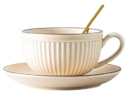 FülleMore Retro Keramik Teetasse Espressotassen mit Unterteller 280ml Kaffeetasse Cappuccino Tassen mit Löffel Teetasse Porzellanbecher Geschenktasse Set (Beige)