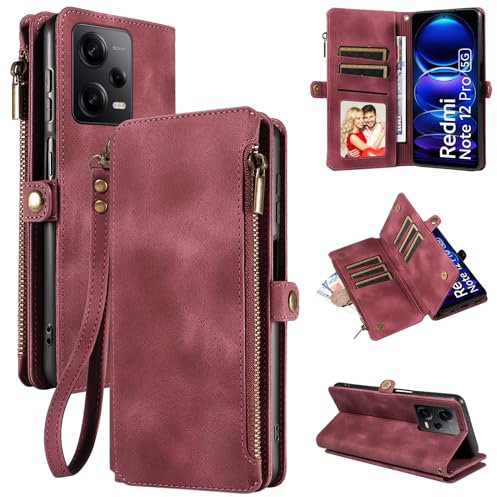 Dtdepth Handyhülle für Xiaomi Redmi Note 12 Pro 5G Hülle mit Kartenfach Geldbörse Magnetverschluss Schutzhülle Klapphülle Ständer Handytasche Leder Tasche Wallet Flip Case Cover - Weinrot