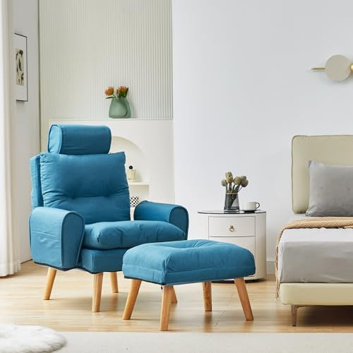 CLIPOP Relaxsessel mit Hocker Verstellbarer Lesesessel Leinen mit 6 Positionen Extra Dick Gepolsterter Lehnstühle Liegesessel Fernsehsessel Ohrensessel mit Liegefunktion (Blau)