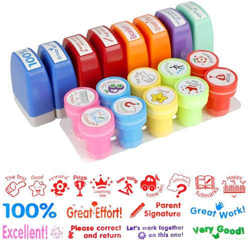 XIACIBDUS 18 Stück Lehrer-Stempel Set, Selbstfärbender Belobigungsstempel mit Ablagefach, Lustige Lehrerstempel Briefmarken für Kinder Bildung, Lehrer Überprüfung, Hausaufgaben, Belohnung