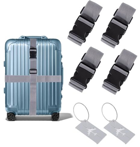 4 Pcs Luggage Straps for Suitcases, Adjustable Suitcase Straps Belts, Travel Packing Luggage Suitcases Straps Belts with Quick Release Buckle, with 2 x Suitcase Tags for Travel Packing Accessories