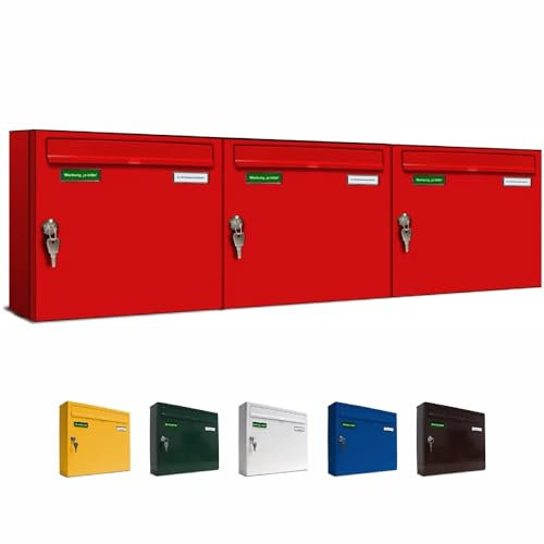 AL Briefkastensysteme Basic 3er Briefkasten RAL 3000 Feuer Rot 3 Fächer DIN A4 wetterfest Briefkastenanlage mit Posthaltebügel und 2 Namensschildern
