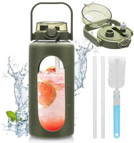 YINAIBEIAI Glasflasche 2 L, Trinkflasche Glas mit Strohhalm, Große Wasserflasche mit Schutzhülle aus Silikonhülle, 2 Strohhalm, 1 Tassenbürste BPA-frei für Sport Täglich Schwarz Armeegrün (Armeegrün)