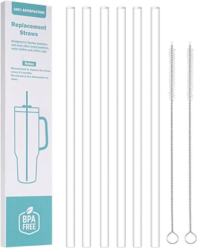 TLLTKOK Replacement Straw for Stanley 40 oz 30 oz Cup Tumbler, 6 Pack 12 inch Extra Long Reusable PETG Clear Straws with 2 Cleaning Brush for Stanley Adventure Quencher Travel Tumbler