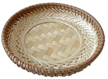 Panier en Osier Plat Creux Rond Plateau de Service Rond en Bambou Tressé à la main Plateau de Service en Rotin Fruits Secs Assiette Snack Plateau de Rangement Décoratif Maison (19x3cm)