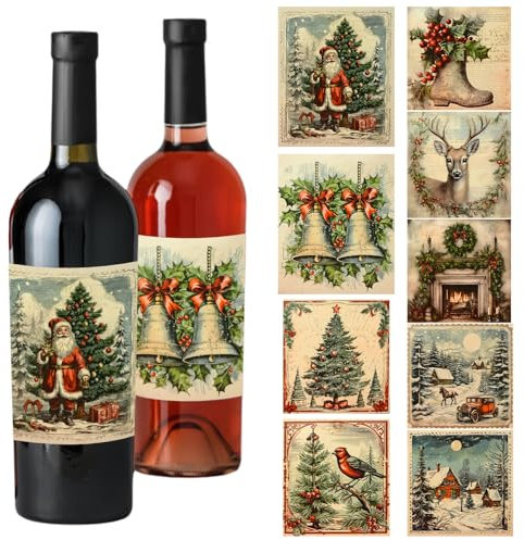 URROMA 45Pcs Merry Christmas Wine Bottle Labels 9 Designs Vintage Christmas Wine Bottle Stickers Drinks Wrappers for Party Favors Decor Supplies