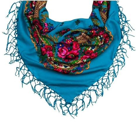 Beliebter Schal mit traditionellen Folklore-Designs aus Polen, Halsband, Fransen, Souvenir aus Polen, blau, Big (110 x 110 cm)