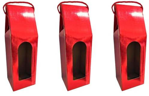 Tradineur - Pack de 3 Cajas Plegables de cartón para Botella de Vino, Incluye asa de Cuerda, Guardar, Regalar, Envolver champán, Navidad (Rojo Brillo - 36 x 12,5 x 8,5 cm)