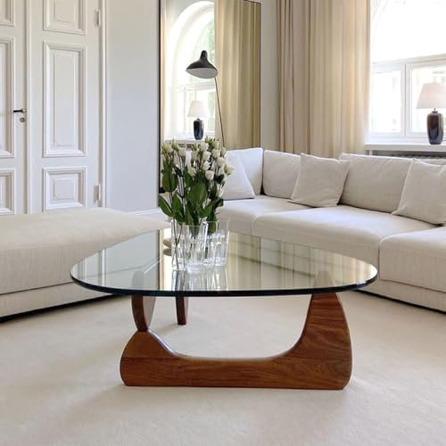 Moderner dreieckiger Couchtisch aus Glas mit Holzsockel für Wohnzimmer und Arbeitszimmer, 83 cm