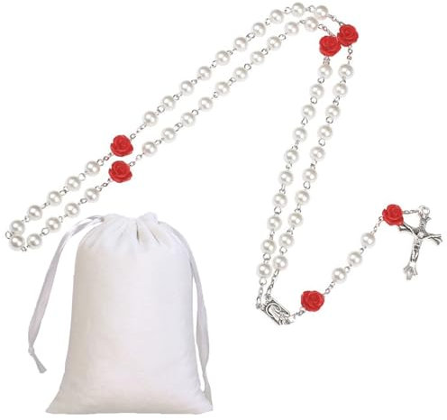 XoeLLe Chapelet Catholique, Croix Chrétienne Homme, Collier Croix, Cadeau Communion Fille, Perles de Rose Clair, Médaille du Sol Sacré, Crucifix avec Sac à Cordon Velours (Blanc)