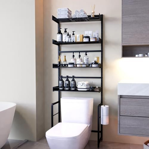 Tokokimo Scaffale Sopra Lavatrice Regolabile a 4 Livelli, Mobile Lavatrice per Bagno con Struttura Resistente, Ripiani Ajustabili Senza Foratura per Spazi sopra WC e Lavabatrice(64x23,8x172cm Nero)