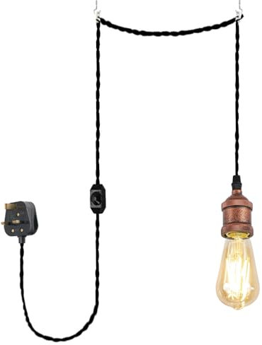 FSLiving 4.5 Meters of Black Twisted Fabric Cable Plug In Pendant Lighting Kit Pendant Light Fitting with Dimmer Switch and E27 Rusty Red Lamp Holder