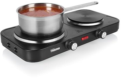Placa de cocina pórtatil Tristar - Doble quemador - Para alojamiento de estudiantes, camping, cocina americana - 15,5 y 18,5 cm de diámetro - Termostato regulable - 2 500 W - KP-6152