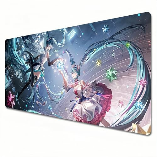 SMXTJBAI Hatsune Miku Mauspad, XXL-Mauspad, 900 x 400, Anime-Gaming-Mauspad, Büro-Schreibtischunterlage, groß, wasserdicht, rutschfest, genähter Rand