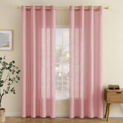 EMEMA Gardinen Vorhänge Leinenvorhang mit Ösen Voile Vorhang Leinenoptik Modern Halbtransparent für Wohnzimmer Dekoschal Kinderzimmer Schlaufenschal Küchengardinen 2er Set 140x175cm (BxH) Rosa