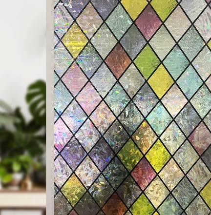 Ventana de arco iris,Vidrio Viscoso Vinilo Inilo Cristal Color Rectangular 3D 44.5×200cm Protección de la Privacidad Decoración Anti-UV, Adecuado Para Dormitorio, Sala de estar,Comedor,Cocina