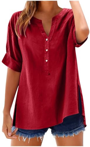 Womens Tops Cotton Linen Shirts Summer V Neck Button Up Short Sleeve Ladies Blouse T-Shirts Solid Color Work Casual Oversized Loose Blouses Daily Women Top Cloth Sale UK Plus Size 14 16 18 22 Red