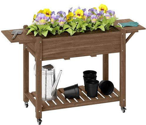 Outsunny Raised Garden Bed, Wooden Elevated Planter Box with Lockable Wheels, Side Tables and Bottom Shelf, Outdoor Planter with Liner and Drainage Holes for Vegetables, Flowers, Fruits, Carbonised