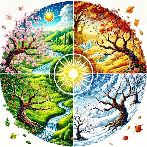 QINRUBB DIY 5D Quatre Saisons Diamond Art Kits Point de Croix Painting pour Adultes Débutants, 5D Arbre de Vie Art du Diamant Complet Kit, Peinture Paysage Diamant Painting Kits Maison Décor 30x30 cm