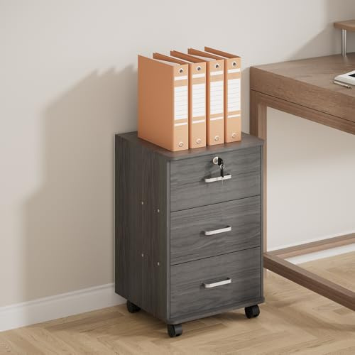 Warmiehomy Filing Cabinet, 3 Drawer Mobile Under Desk Drawers for Home Office, Lockable Small Filing Cabinet Office Storage on Wheels for Letter/A4/Legal, Printer Stand, 40 x 34 x 59 cm, Grey