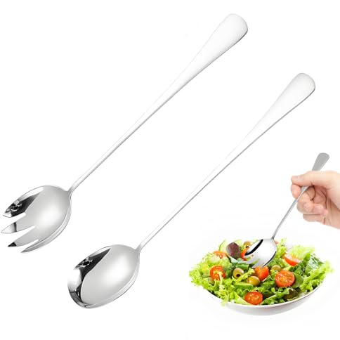 afhgdjr 2 Stück Salatbesteck Edelstahl 28 cm,Groß Salatbesteck Set,1 Salatlöffel,1 Salatgabel,für Restaurant,Haus,Hotel,Picknick(Glänzendes Silber)