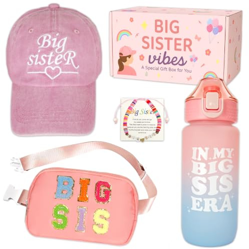 Big Sister Gifts for Girls - 4 Pcs Promote to be Big Sister Gifts Set | New Baby Sibling Gifts for Little Girls, Including Cap, Bum Bag, Water Bottle & Bracelet