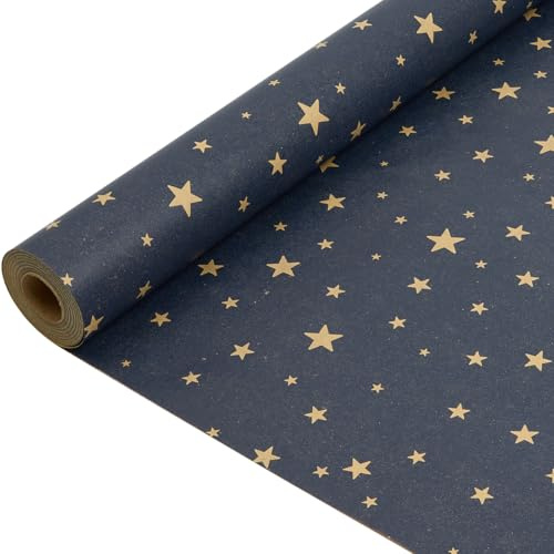 Weihnachtsgeschenkpapier aus Kraftpapier: Marineblaues Geschenkpapier mit Sternenmuster, recycelbar, ideal für Geburtstags- und Hochzeitsgeschenke – 43 cm x 15 m