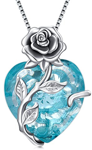 TOUPOP Blue Topaz Necklaces December Birthstone Jewellery for Women 925 Sterling Silver Rose Flower Heart Pendant Necklace Anniversary Birthday Gifts for Wife Girlfriend