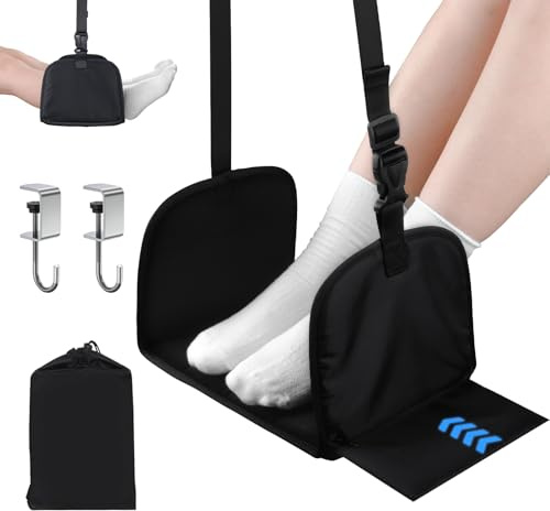 PENGARO Airplane Foot Hammock, Plane Footrest Widen Airplane Footrest Long Flight Hammock Memory Foam Travel Plane Foot Sling Under Desk at Work Gaming Travel Essentials, Black
