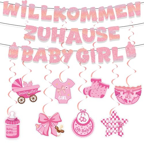Willkommen Zuhause Baby Deko Girlande - 11 Stück Rosa für Mädchen | Rosa Glitzer Deko mit Banner Girlande für Mädchen Geburtstag Einweihung