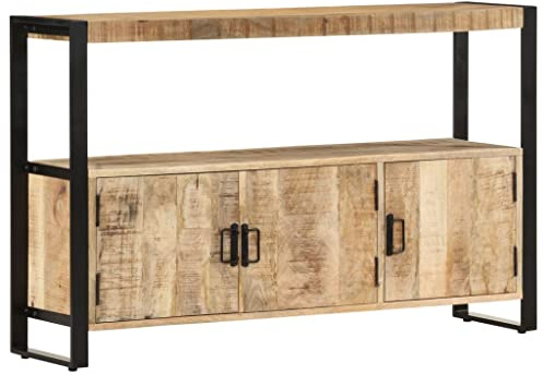 ULUYYUC Buffet Bois Massif 120x30x75 cm, Meuble de Rangement Cuisine Salon en manguier Solide et Acier Industriel, 3 Portes 1 Compartiment, Finition laquée, pour Salle à Manger Chambre Bureau