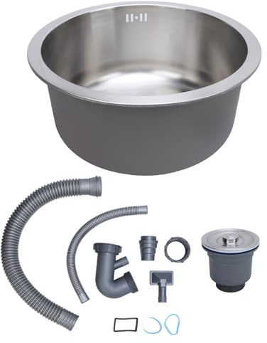 Fregadero de barra de cocina bajo encimera de un solo cuenco redondo de acero inoxidable 304, 42cm (Cepillado)