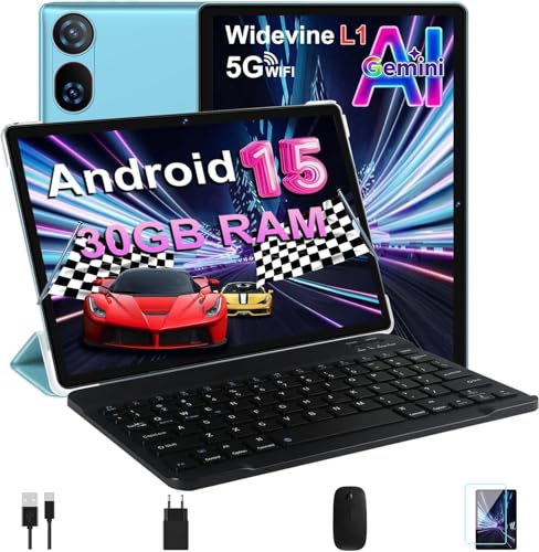 DMOAO Tablet 10 Pollici Android 15 con 30 GB RAM + 64 GB ROM (Espansione fino a 2TB), FHD con Tastiera e Mouse, 5G Wi-Fi, GPS, Widevine L1, Octa-Core, USB-C, BT 5.0, 6000 mAh, 8MP+5MP, Gemini AI, Blu