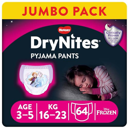 Huggies DryNites hochabsorbierende Nachtwindeln bei Bettnässen, für Mädchen 3-5 Jahre, 4 x 16 Stück (insg. 64 Stück), Monatspackung Windel-Pants
