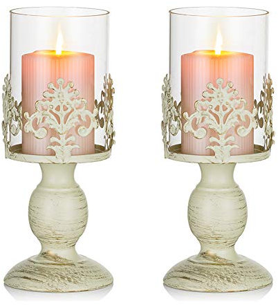 NUPTIO 2 Stücke Vintag Design Geschnitzter Kerzenständer, Paket Aktualisiert Hochzeit Party Weihnachten Tischdekoration Kerzenständer, Großer Kerzenhalter Metall Glashaube Shabby Chic Deko