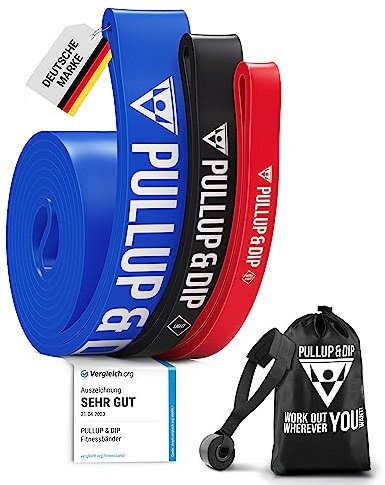 PULLUP & DIP Fitnessbänder Widerstandsbänder mit Tasche, Türanker und Übungsguide, Klimmzugband Fitnessband für Calisthenics und Fitness (3er-Set (EXTRA Light + Light + MEDIUM))