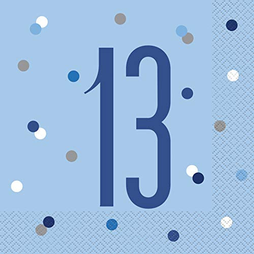 Unique Party Supplies 83553 Papierservietten - Zahl 13 - 16,5 cm - Glitzer Blau & Silber Geburtstag - 16er-Packung