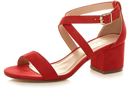 Ajvani Womens Ladies mid Low Block Heel Cross Straps Party Strappy Sandals, 3 UK, Red Suede